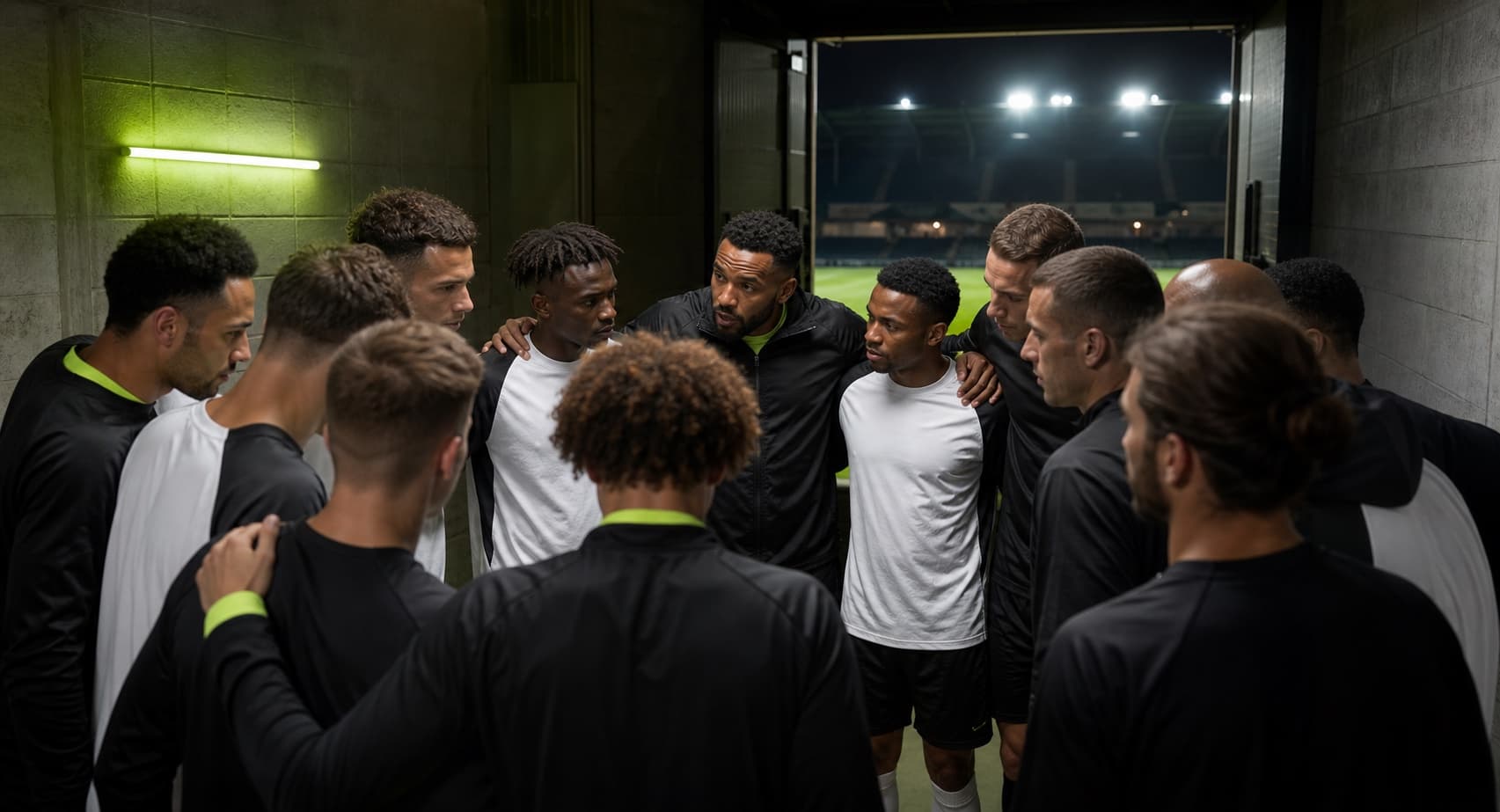 Football squad gathering in the tunnel before a match