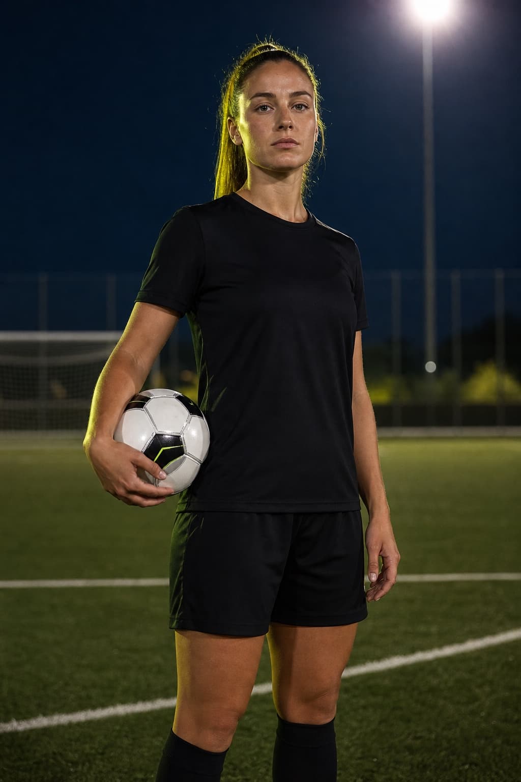 Football player standing on a pitch with a ball